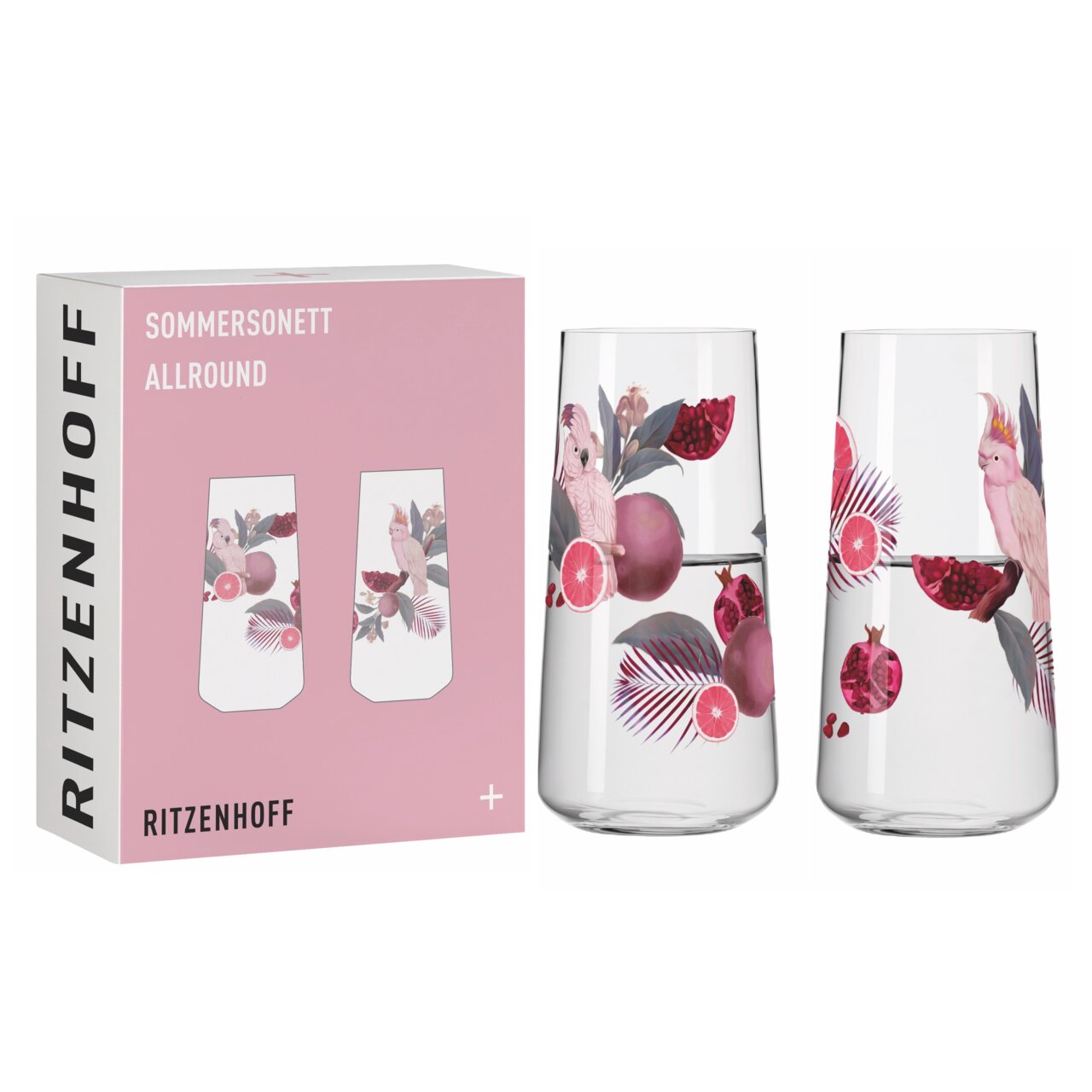 Twee elegante glazen met een tropisch ontwerp, versierd met roze kaketoes en granaatappels, in een stijlvolle verpakking. Vooraanzicht.