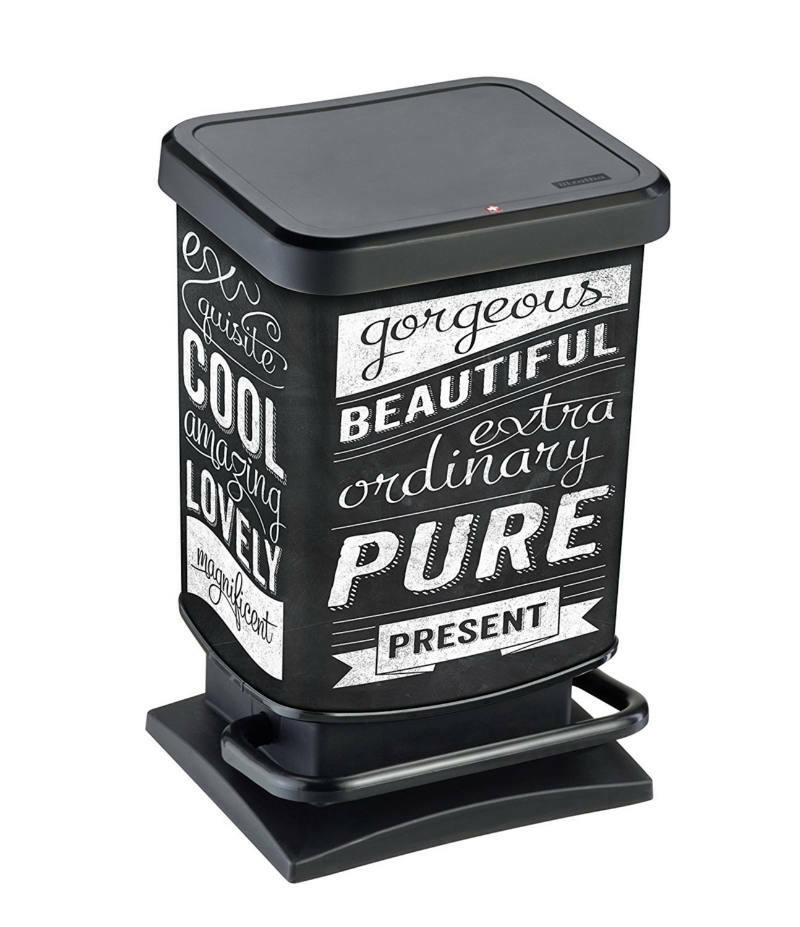 rotho Treteimer PASO Schwarzer Treteimer mit stilvollen weißen Schriftzügen, seitliche Perspektive