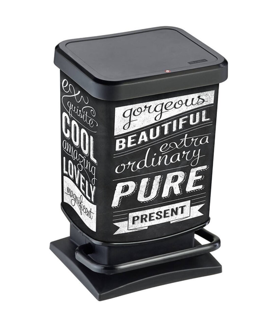 Schwarzer Treteimer mit stilvollen weißen Schriftzügen, seitliche Perspektive