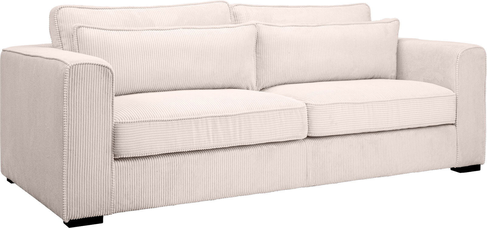 MID.YOU 3-Sitzer ALMERA Beiges 2-Sitzer-Sofa mit Cordbezug, breiten Armlehnen und zwei Sitz- sowie Rückenkissen, freigestellt auf weißem Hintergrund, Ansicht schräg von vorne links.