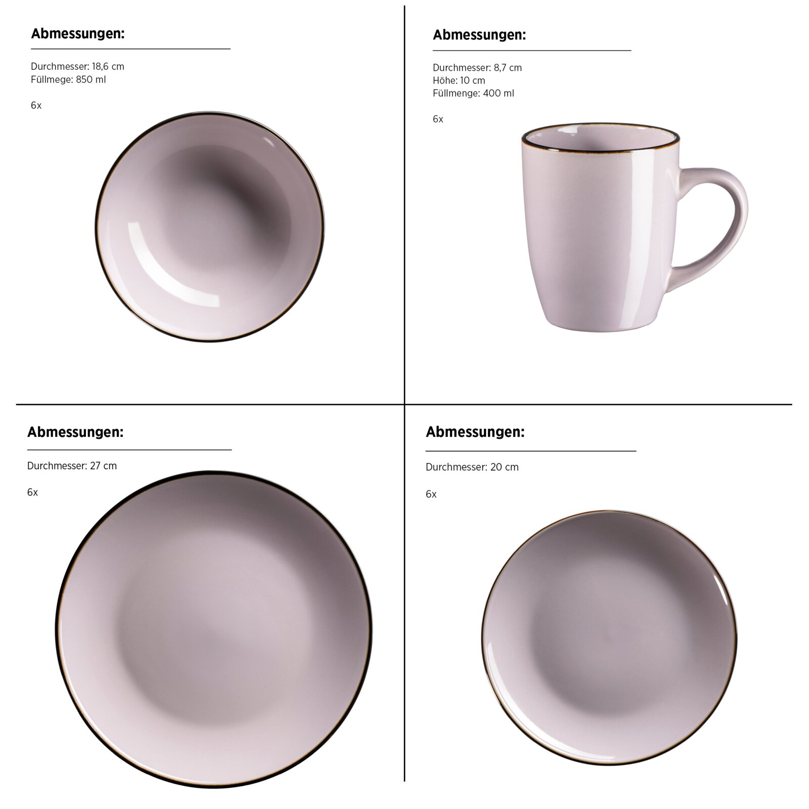 Mäser Kombiset 24-tlg. METALLIC RIM Vieransicht eines 6-teiligen Geschirrsets in hellem Flieder mit dunklem Rand: Schale (Ø 18,6 cm, 850 ml) von oben, Tasse (Ø 8,7 cm, H 10 cm, 400 ml) seitlich, großer Teller (Ø 27 cm) von oben und kleiner Teller (Ø 20 cm) von oben.