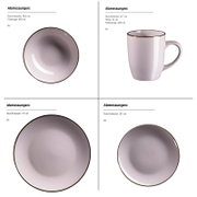 Vieransicht eines 6-teiligen Geschirrsets in hellem Flieder mit dunklem Rand: Schale (Ø 18,6 cm, 850 ml) von oben, Tasse (Ø 8,7 cm, H 10 cm, 400 ml) seitlich, großer Teller (Ø 27 cm) von oben und kleiner Teller (Ø 20 cm) von oben.