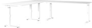 Weißer Eckschreibtisch mit höhenverstellbaren Beinen, seitliche Perspektive