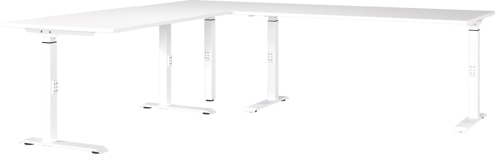 Weißer Eckschreibtisch mit höhenverstellbaren Beinen, seitliche Perspektive