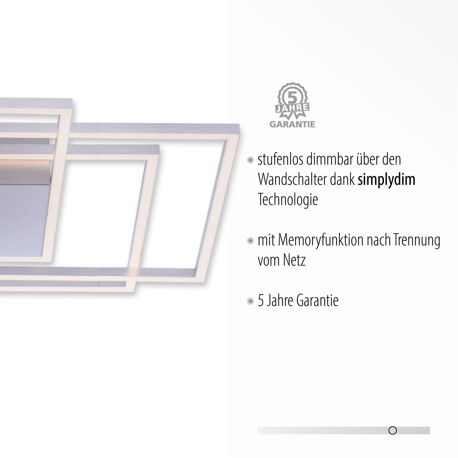 Moderne Deckenleuchte INIGO mit rechteckigem Design, seitliche Perspektive, stufenlos dimmbar mit simplydim Technologie, inklusive Memoryfunktion und 5 Jahre Garantie.