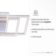 Moderne Deckenleuchte INIGO mit rechteckigem Design, seitliche Perspektive, stufenlos dimmbar mit simplydim Technologie, inklusive Memoryfunktion und 5 Jahre Garantie.