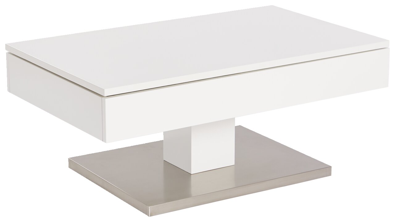 Moderner weißer Couchtisch mit rechteckiger Form und Metallfuß, seitliche Perspektive