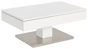 Moderner weißer Couchtisch mit rechteckiger Form und Metallfuß, seitliche Perspektive