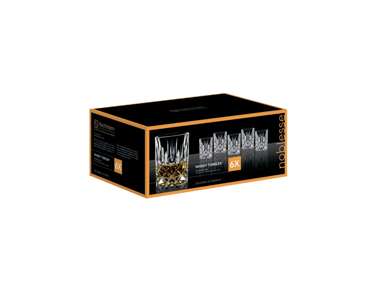 Verpackung mit sechs Whiskybechern Noblesse, seitliche Perspektive