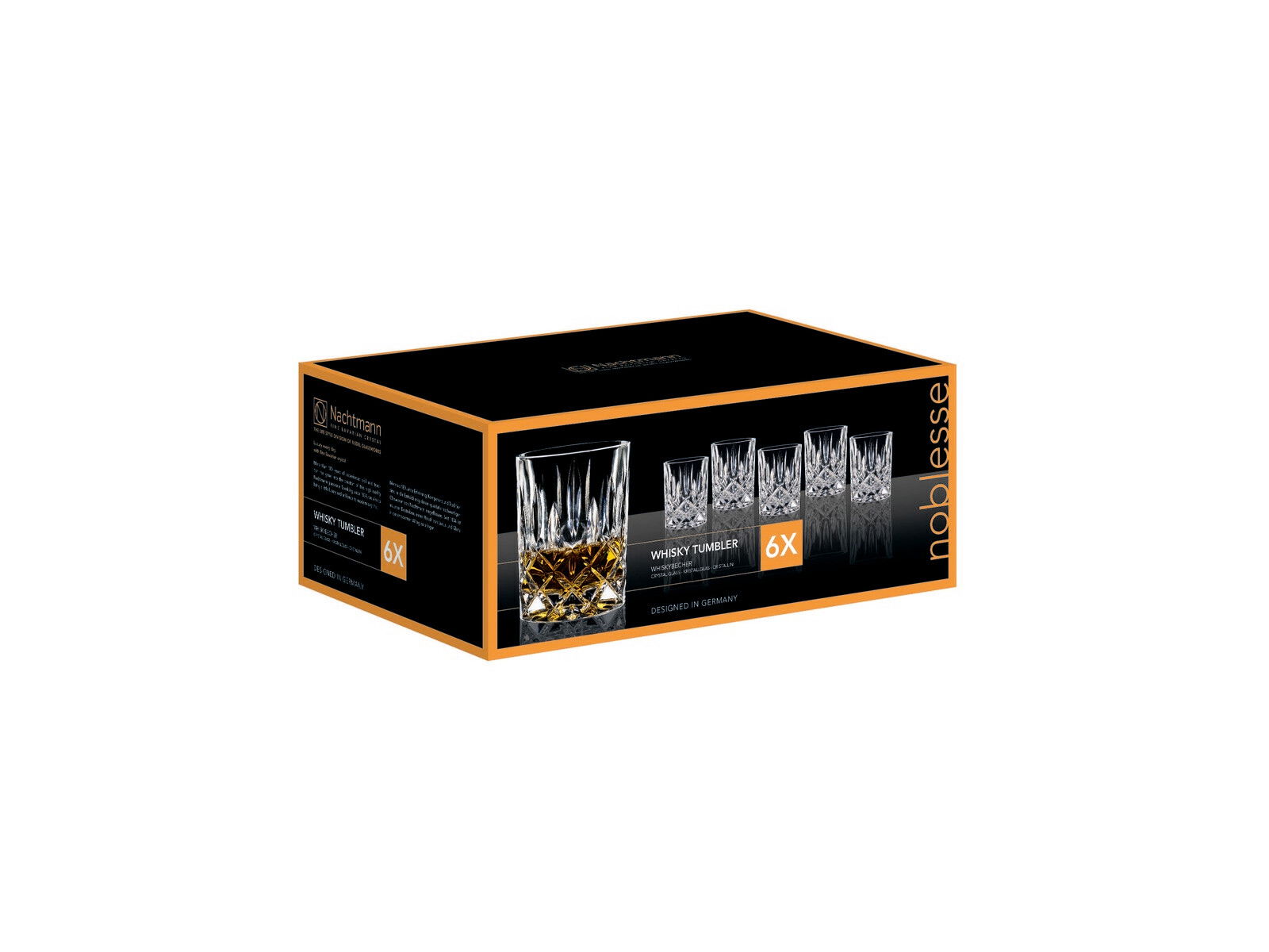 Verpackung mit sechs Whiskybechern Noblesse, seitliche Perspektive