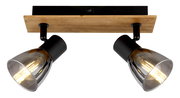 Deckenstrahler mit zwei verstellbaren Leuchten, Holz- und Metallelemente, Ansicht von unten