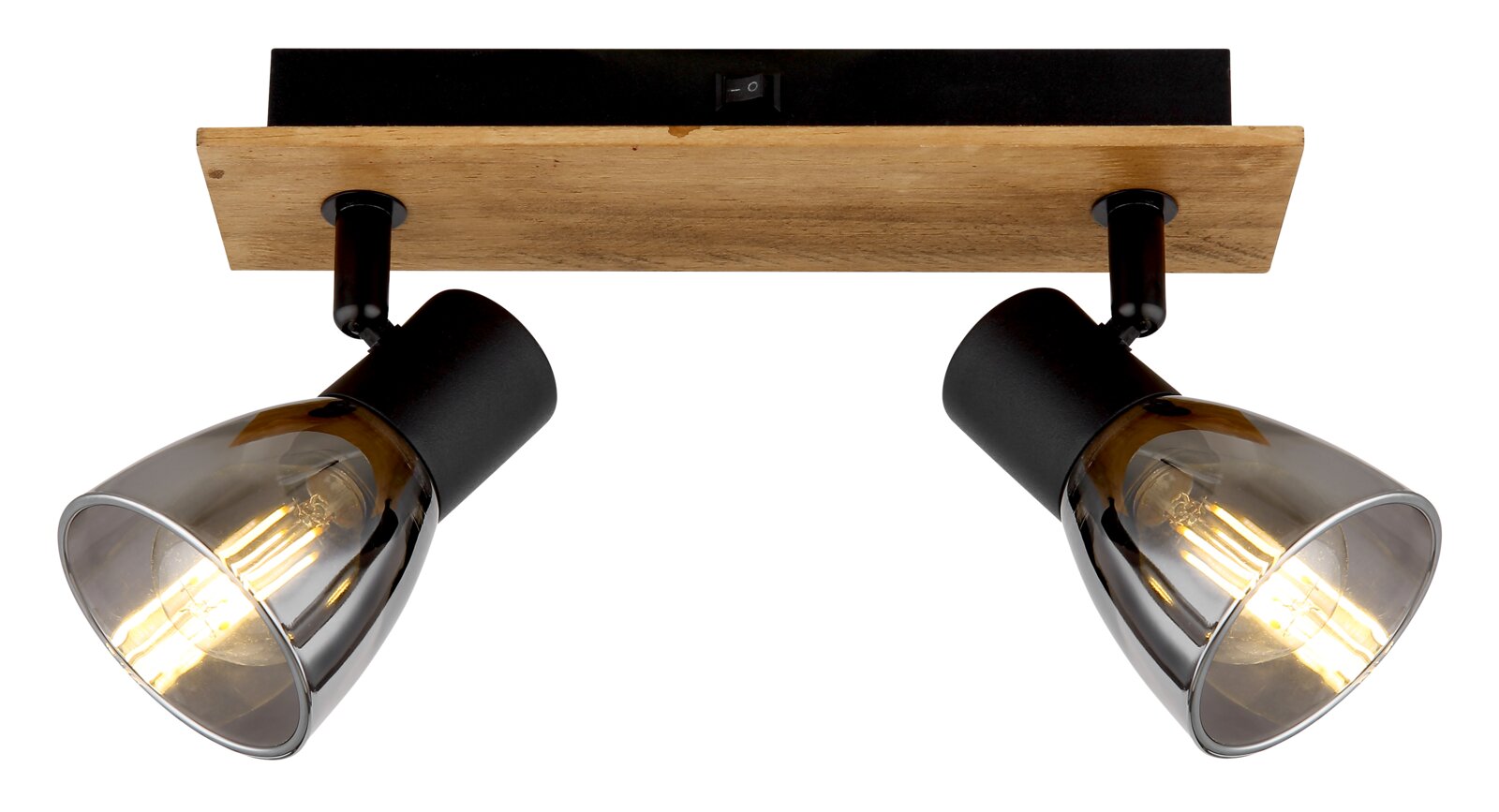 Deckenstrahler mit zwei verstellbaren Leuchten, Holz- und Metallelemente, Ansicht von unten