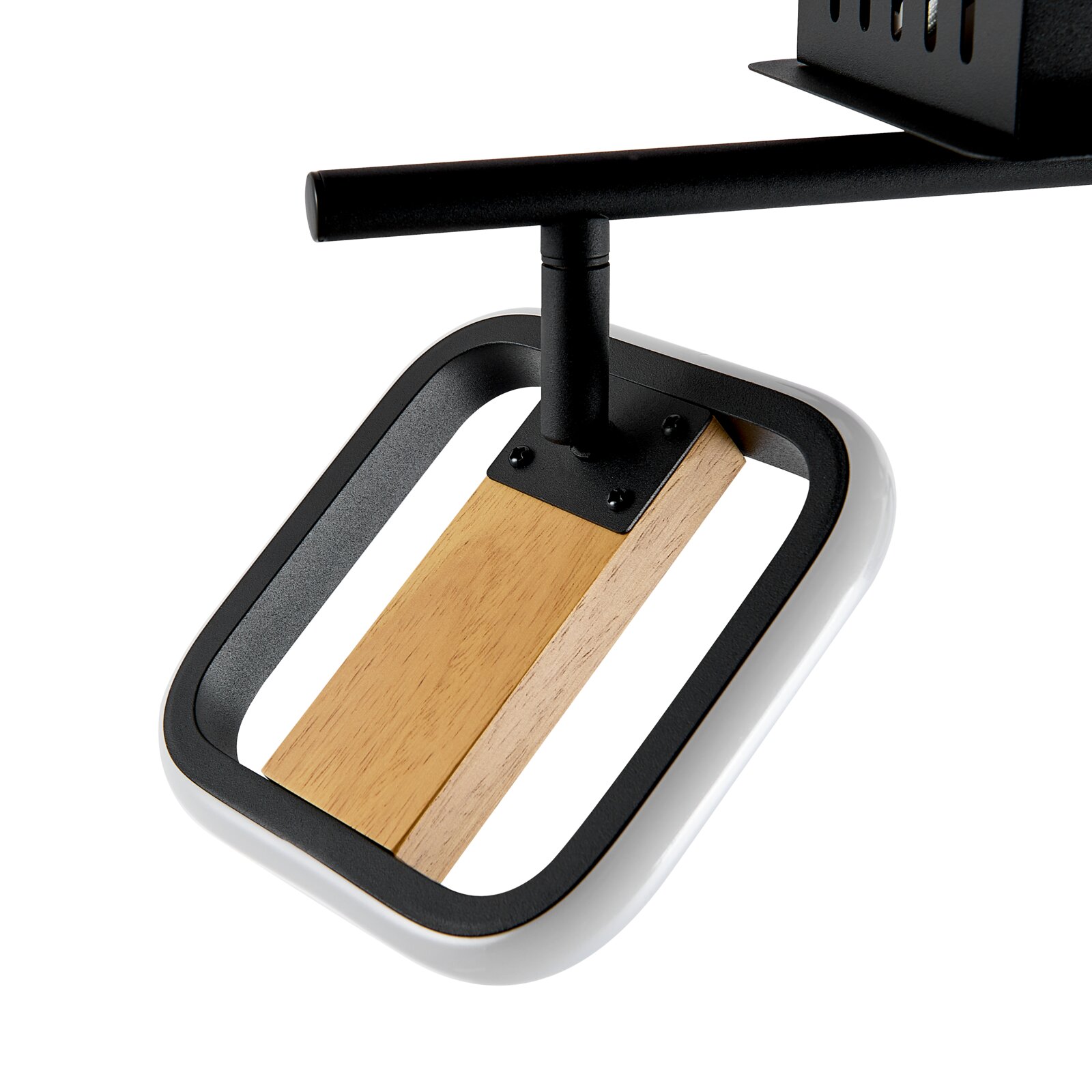 Detailaufnahme des Standfußes eines schwarzen Metallständers mit rechteckigem Rahmen und Holz-Inlay, schräg von oben fotografiert