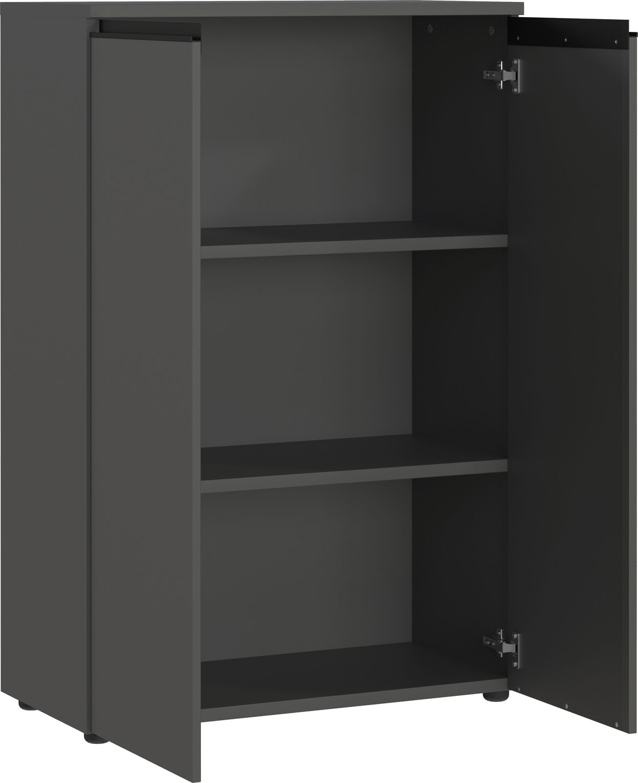 Grauer Aktenschrank mit zwei offenen Türen und drei Regalfächern, seitliche Perspektive