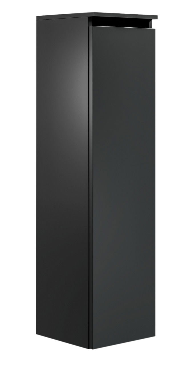 Schwarzer, moderner Badezimmerschrank in Frontalansicht mit glatter Oberfläche und minimalistischem Design.