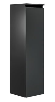 Schwarzer, moderner Badezimmerschrank in Frontalansicht mit glatter Oberfläche und minimalistischem Design.