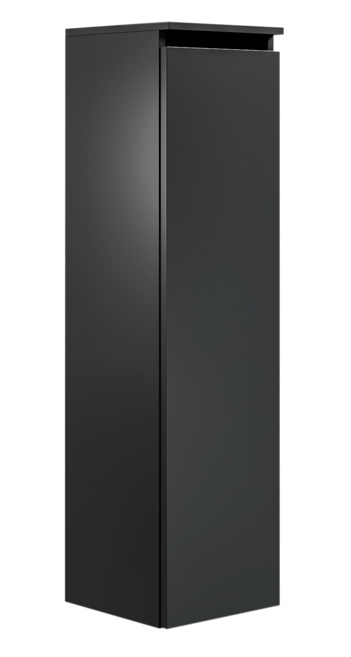 Schwarzer, moderner Badezimmerschrank in Frontalansicht mit glatter Oberfläche und minimalistischem Design.