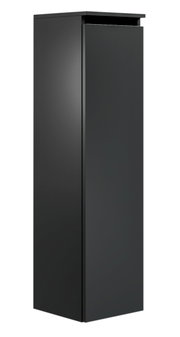 Schwarzer, moderner Badezimmerschrank in Frontalansicht mit glatter Oberfläche und minimalistischem Design.