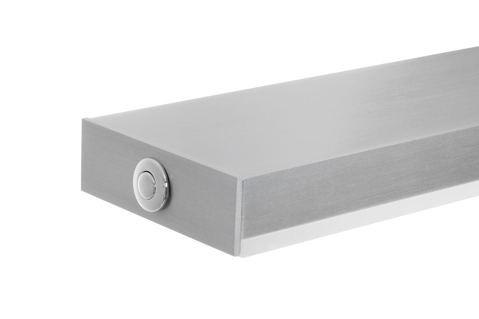 Nahaufnahme einer LED-Hängeleuchte in rechteckiger Form mit silberner Oberfläche und einem runden Schalter an der Seite.