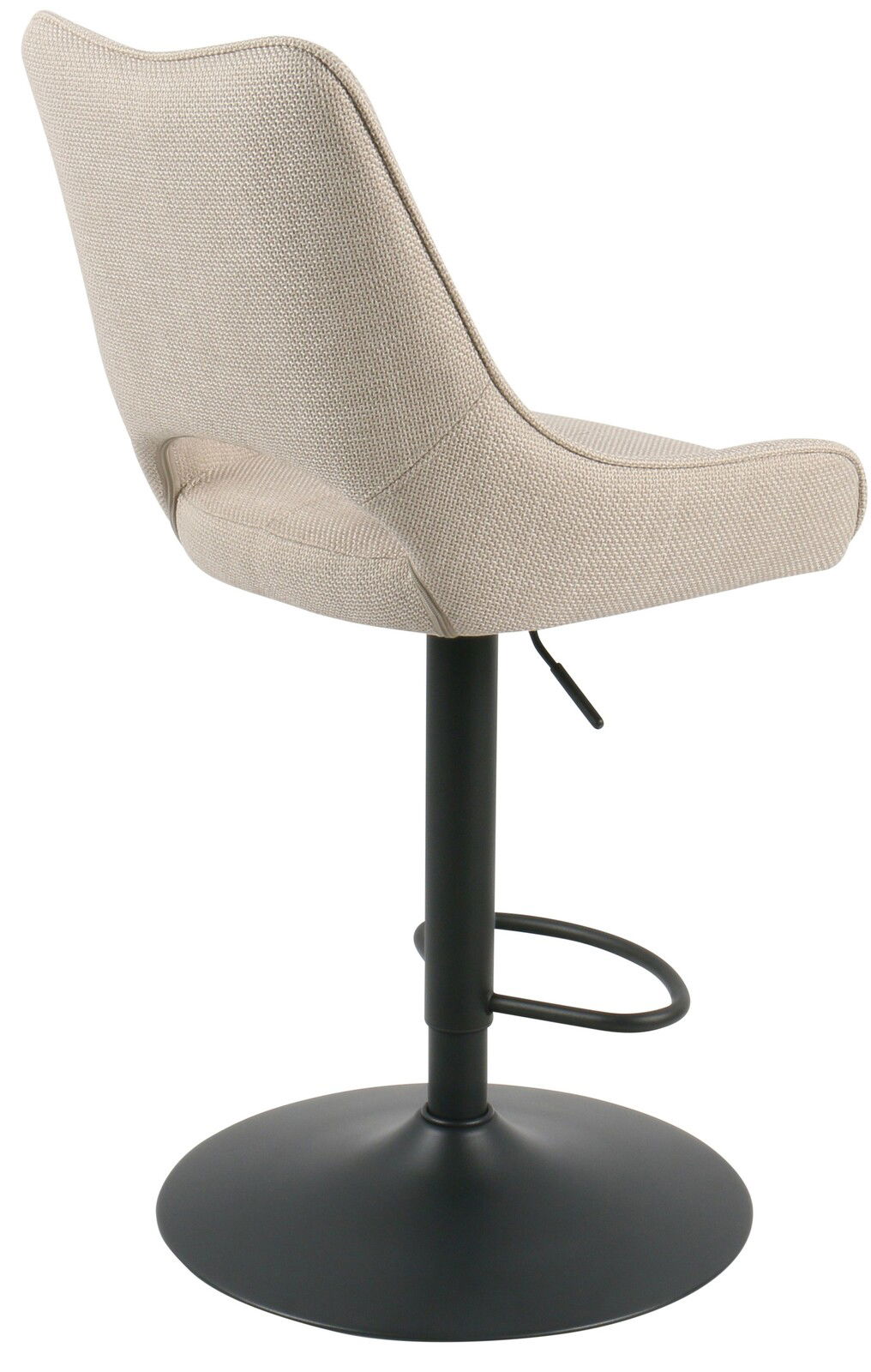 Rückansicht eines modernen Barhockers mit beigem Stoffbezug und schwarzem Metallfuß.
