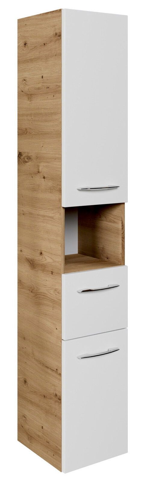 Sadena Hochschrank PLAKA Hochschrank in Holzoptik mit weißen Fronten, seitliche Perspektive