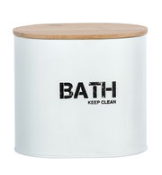 Weiße Badbox Gara mit Holzdeckel und Aufschrift 'BATH KEEP CLEAN', frontale Ansicht