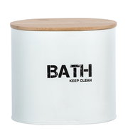 Weiße Badbox Gara mit Holzdeckel und Aufschrift 'BATH KEEP CLEAN', frontale Ansicht