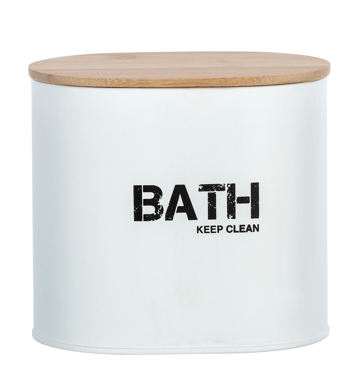 Weiße Badbox Gara mit Holzdeckel und Aufschrift 'BATH KEEP CLEAN', frontale Ansicht