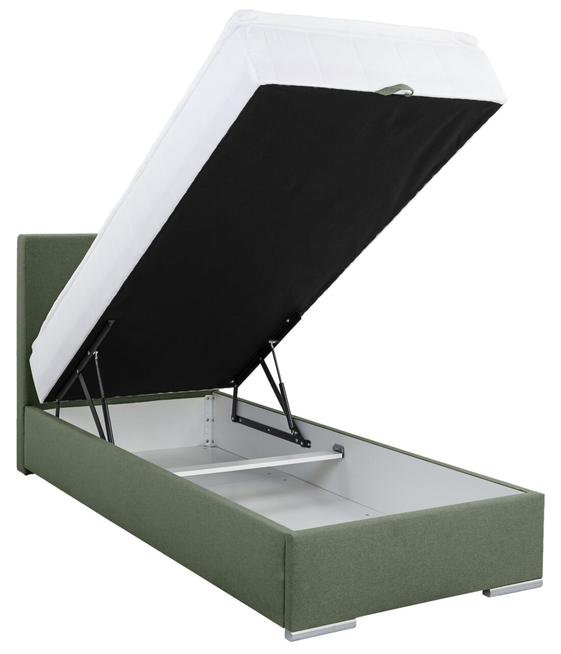 Groen boxbed 90 met opgevouwen matras, zijaanzicht