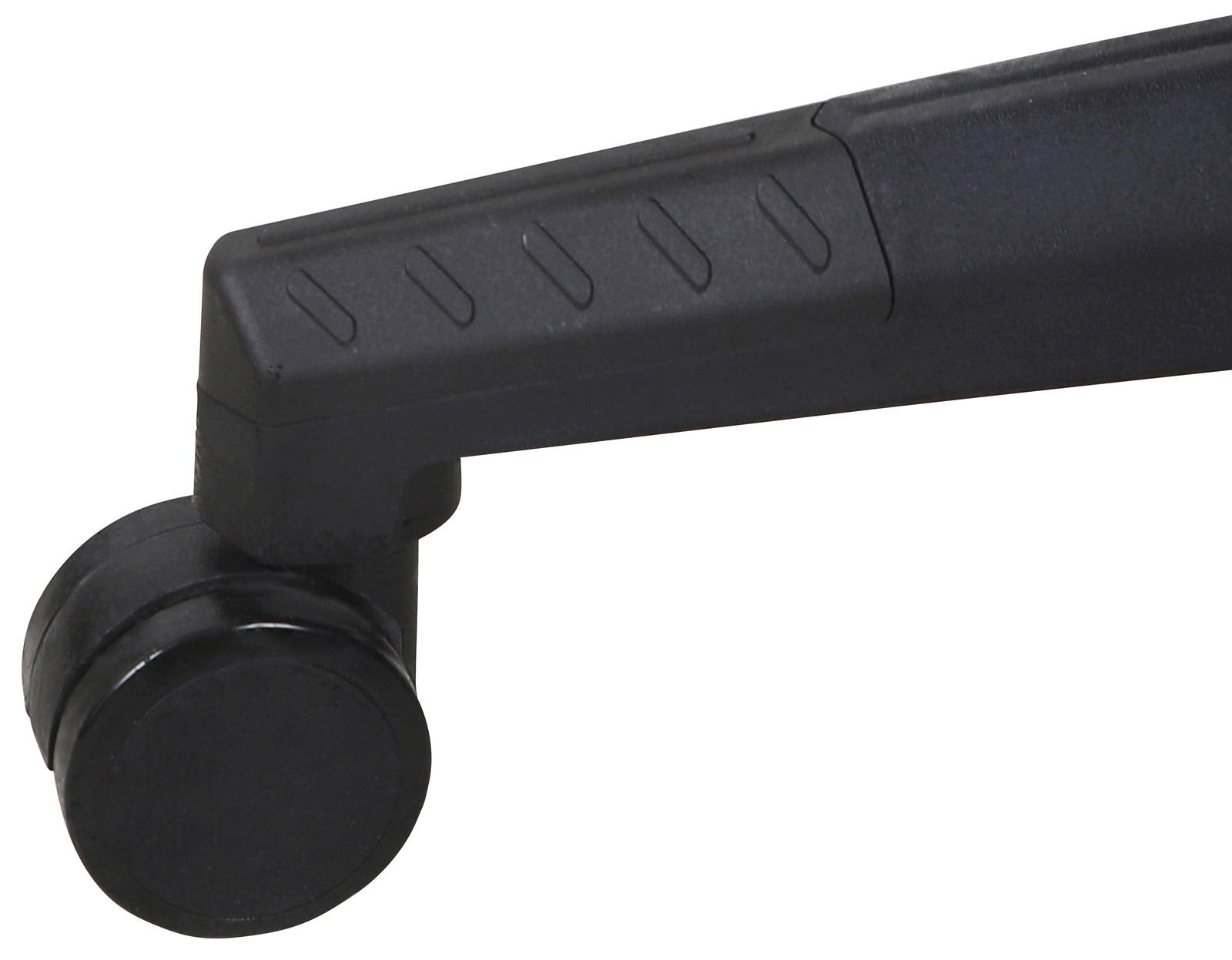 Nahaufnahme eines schwarzen Stuhlbeins mit Rolle, seitliche Perspektive