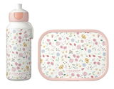 Lunchset Campus Flowers bestehend aus einer Trinkflasche und einer Brotdose mit floralem Muster, Vorderansicht