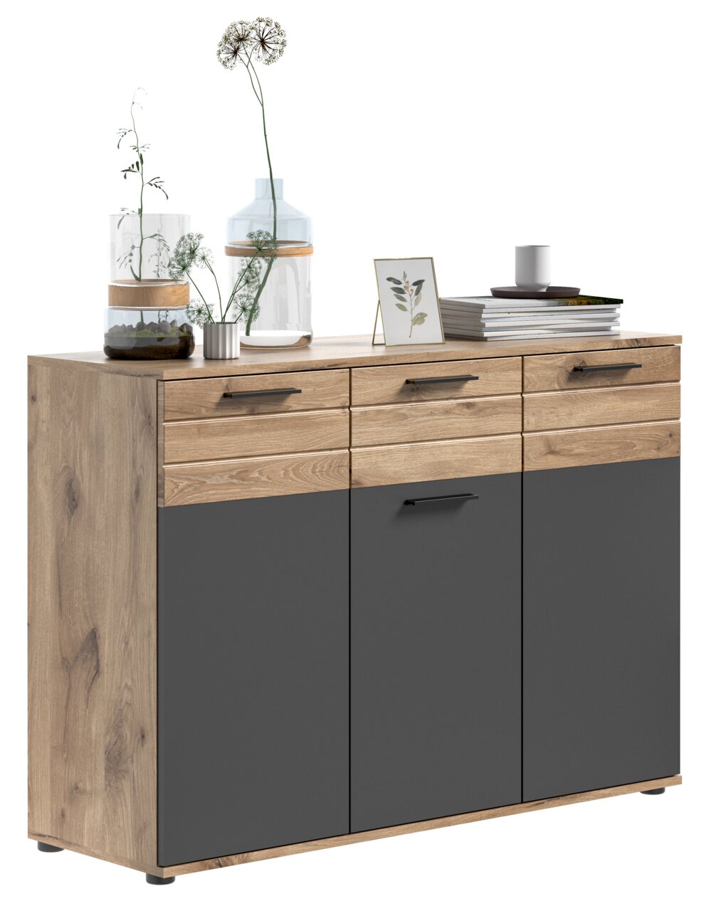 MID.YOU Kommode MASON Kommode mit Holzoptik und grauen Fronten, dekoriert mit Pflanzen und Büchern, seitliche Perspektive