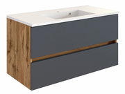 Moderner Waschplatz mit Holz- und Grautönen, seitliche Perspektive