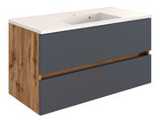 Moderner Waschplatz mit Holz- und Grautönen, seitliche Perspektive