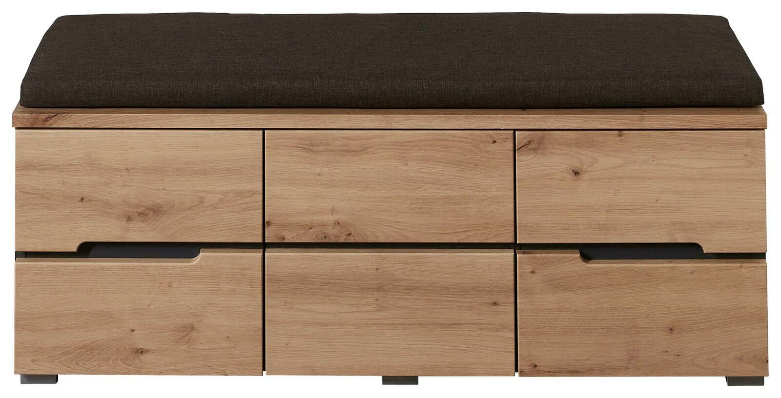 Frontale Ansicht einer XL-Garderobenbank aus Holz mit drei Schubladen und einer dunklen Sitzpolsterung.