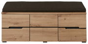 Frontale Ansicht einer XL-Garderobenbank aus Holz mit drei Schubladen und einer dunklen Sitzpolsterung.