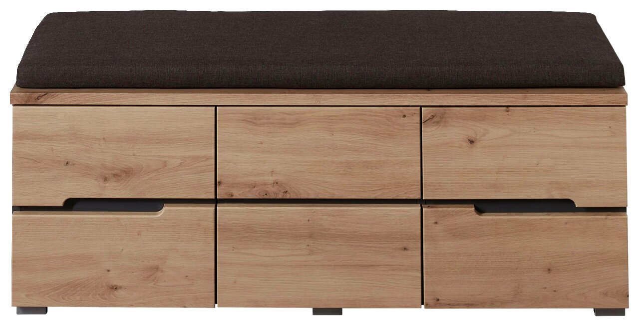 Frontale Ansicht einer XL-Garderobenbank aus Holz mit drei Schubladen und einer dunklen Sitzpolsterung.