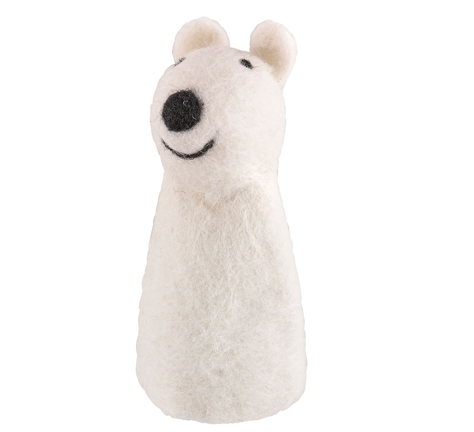 Eierwärmer in Form eines lächelnden Eisbären aus Filz, frontal abgebildet.