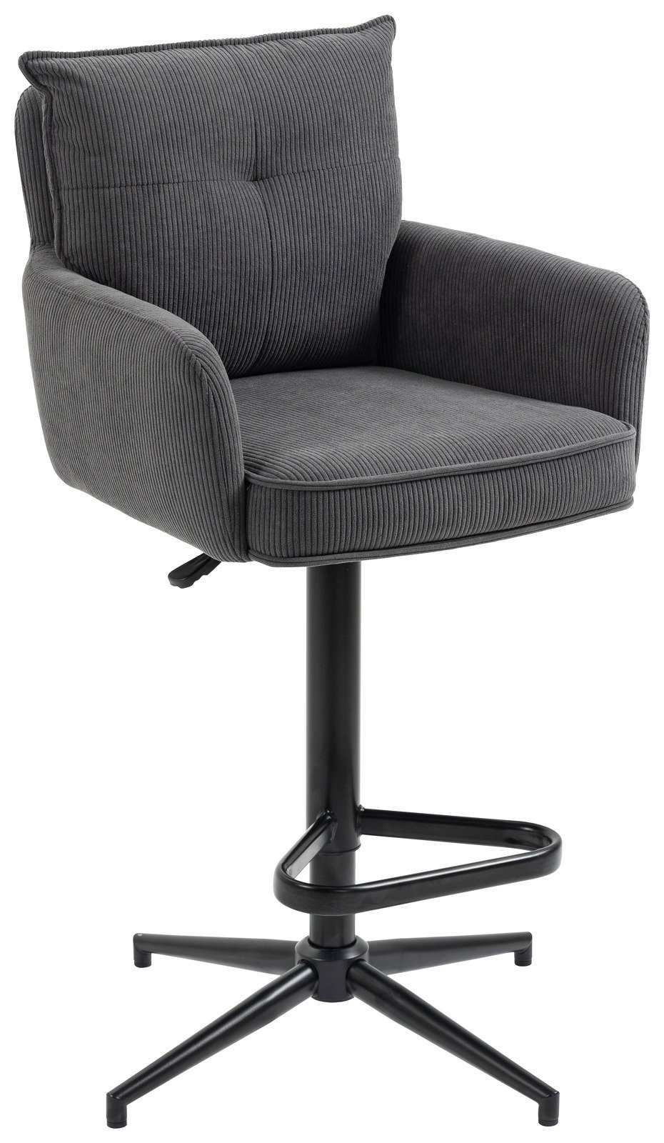 Grauer Barhocker mit Armlehnen und gepolsterter Sitzfläche, seitliche Perspektive