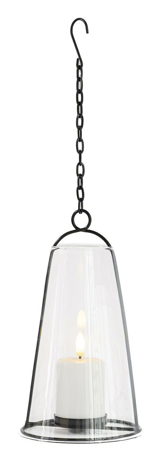 Sirius Windlicht mit LED Kerze ALBERT Hängendes Windlicht mit LED-Kerze, seitliche Perspektive, in einem transparenten Glaszylinder mit schwarzer Metallkette.
