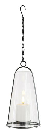 Hängendes Windlicht mit LED-Kerze, seitliche Perspektive, in einem transparenten Glaszylinder mit schwarzer Metallkette.