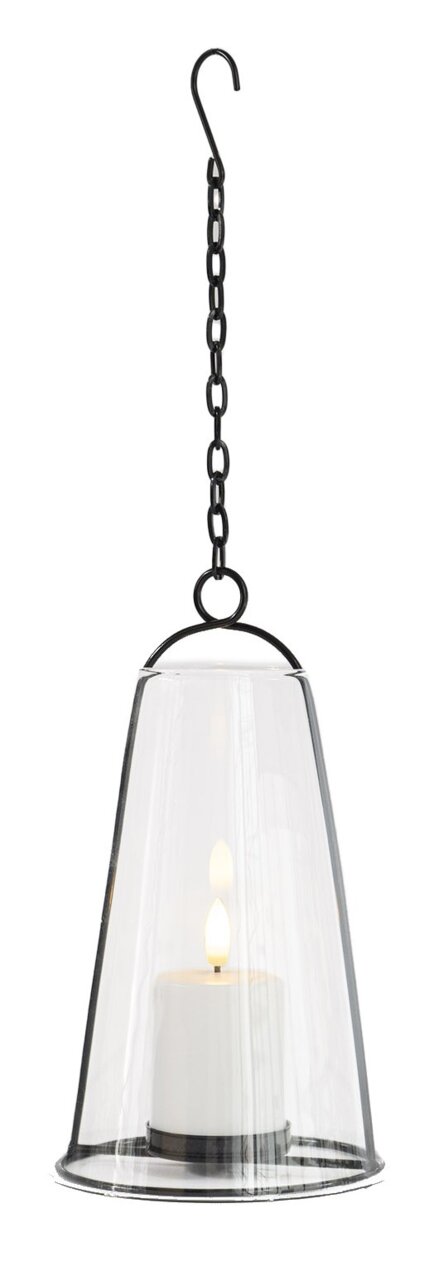 Hangende windlicht met led-kaars, zijaanzicht, in een doorzichtige glazen cilinder met een zwarte metalen ketting.