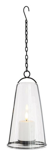 Hangende windlicht met led-kaars, zijaanzicht, in een doorzichtige glazen cilinder met een zwarte metalen ketting.