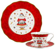 Kaffeeservice 18-teilig mit weihnachtlichem Design, bestehend aus einem Teller und einer Tasse mit Untertasse, verziert mit einem Weihnachtsmann-Motiv. Perspektive: Frontalansicht.