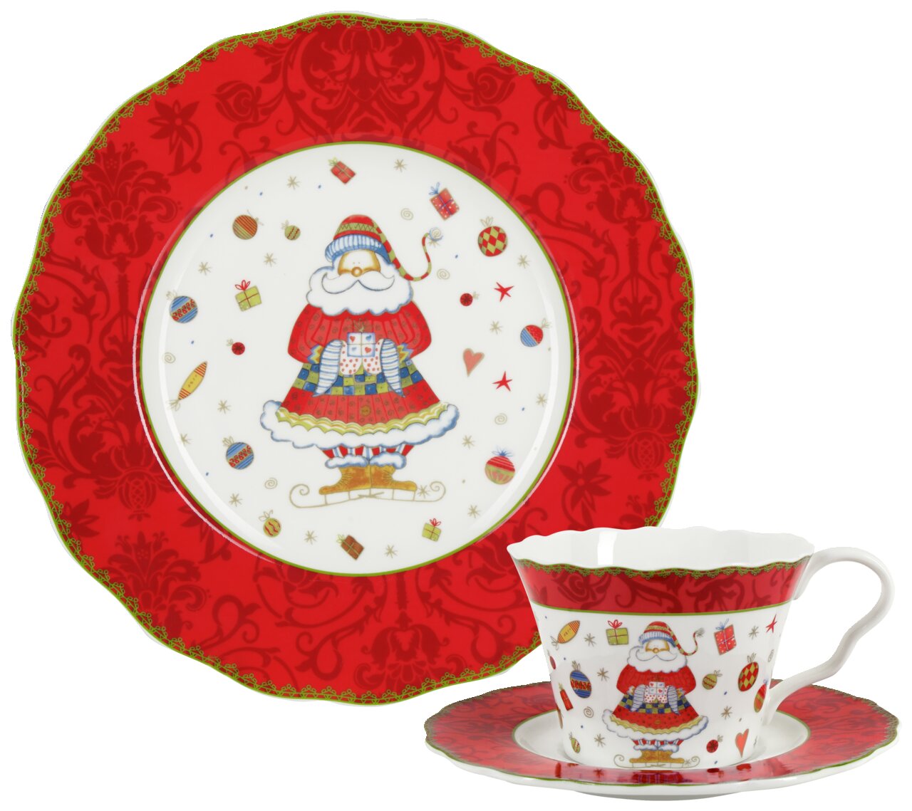 Kaffeeservice 18-teilig mit weihnachtlichem Design, bestehend aus einem Teller und einer Tasse mit Untertasse, verziert mit einem Weihnachtsmann-Motiv. Perspektive: Frontalansicht.