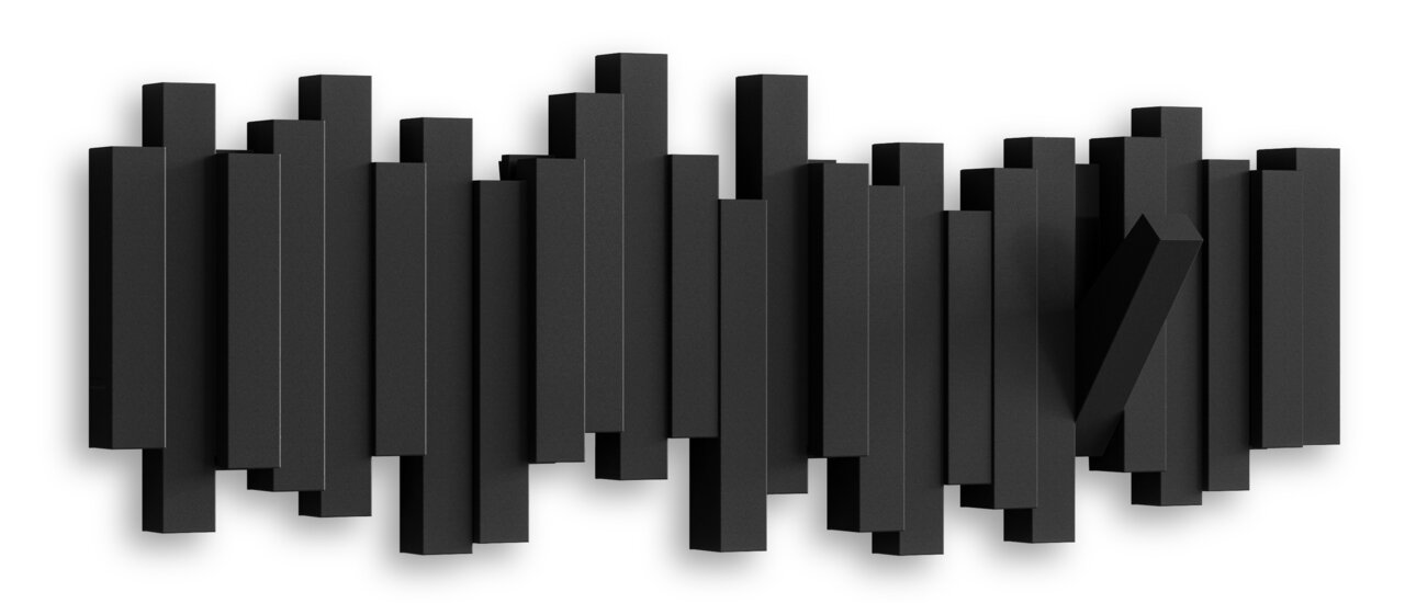 Moderne Wandgarderobe in Schwarz mit geometrischem Design, frontal betrachtet.