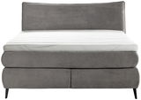 Frontale Ansicht eines grauen Boxspringbetts 180x200 mit gestepptem Kopfteil und schwarzem Fußgestell.