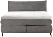 Frontale Ansicht eines grauen Boxspringbetts 180x200 mit gestepptem Kopfteil und schwarzem Fußgestell.
