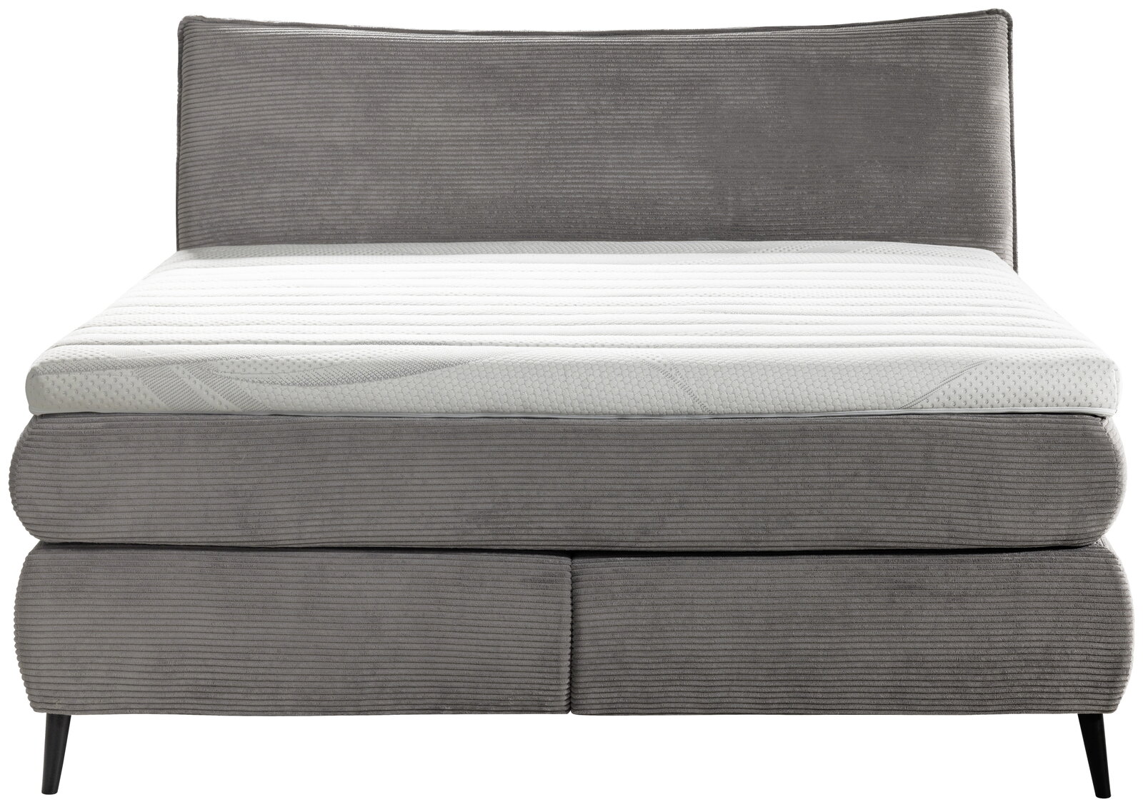 Frontale Ansicht eines grauen Boxspringbetts 180x200 mit gestepptem Kopfteil und schwarzem Fußgestell.