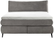 Frontale Ansicht eines grauen Boxspringbetts 180x200 mit gestepptem Kopfteil und schwarzem Fußgestell.